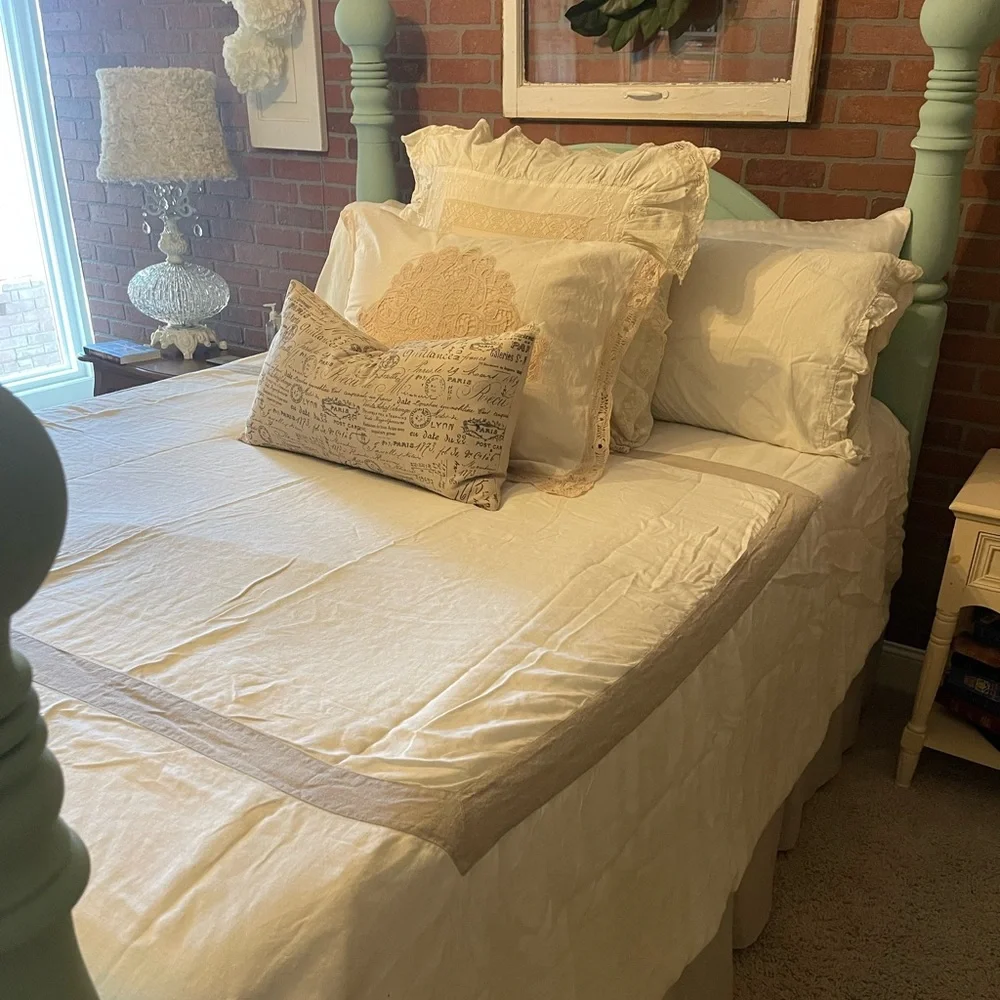 King sized Pom Pom at Home linen Duvet Cover - cream and flax - Picture 2 of 9